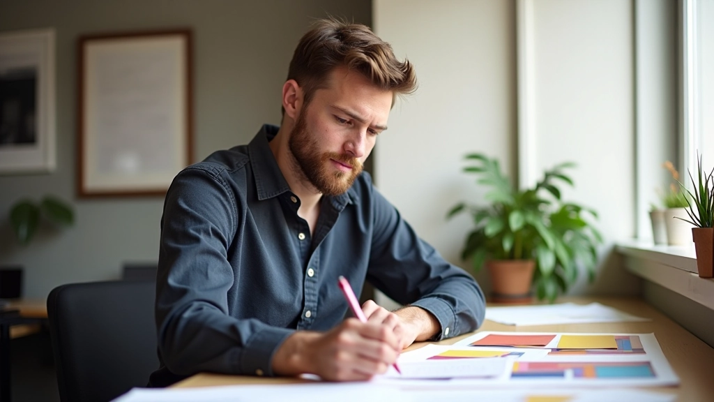 Designer bezig met het kiezen van kleurcombinaties en typografie voor een presentatie