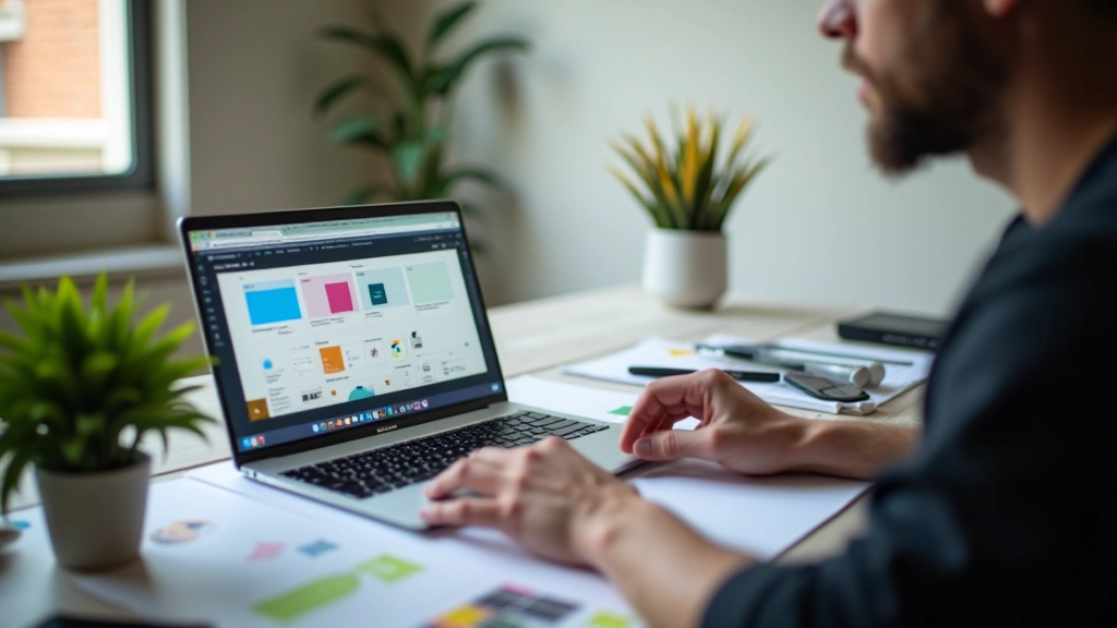 Designer past merkrichtlijnen toe in ontwerp, laptop met design software en papieren schetsen