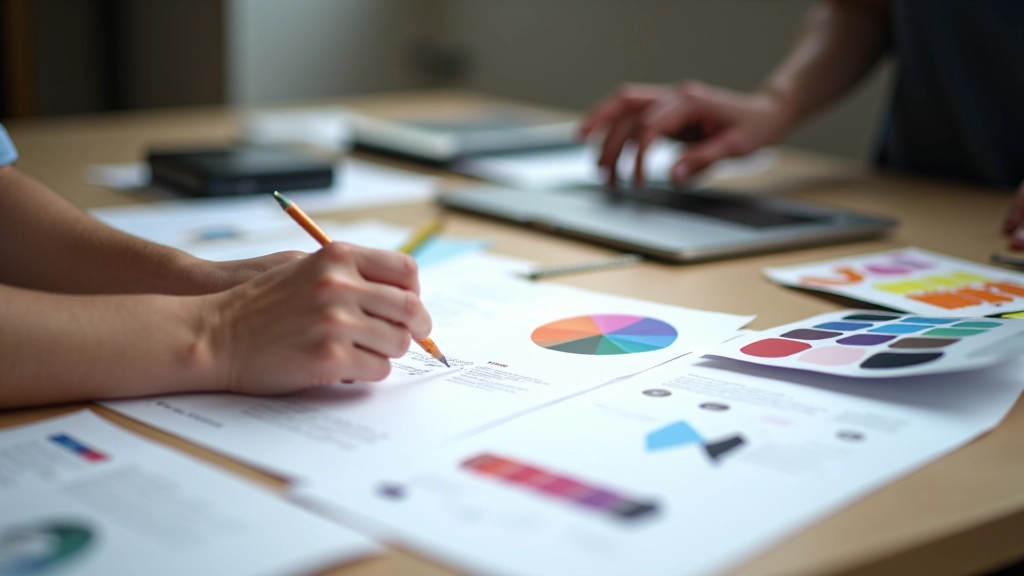 Designer die aan merkrichtlijnen document werkt met kleurstalen en typografie voorbeelden