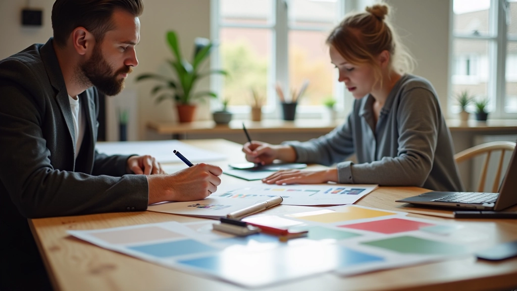 Designer aan het werk met kleurstalen en designtools op een creatieve werkplek