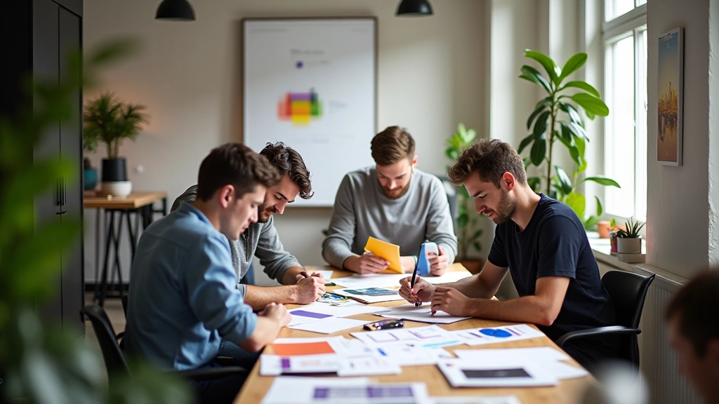 Creatief bureau werkplek met designers en ontwerpmateriaal