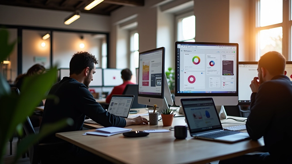 Creatieve designstudio met teamleden die aan webdesign en merkrichtlijnen werken