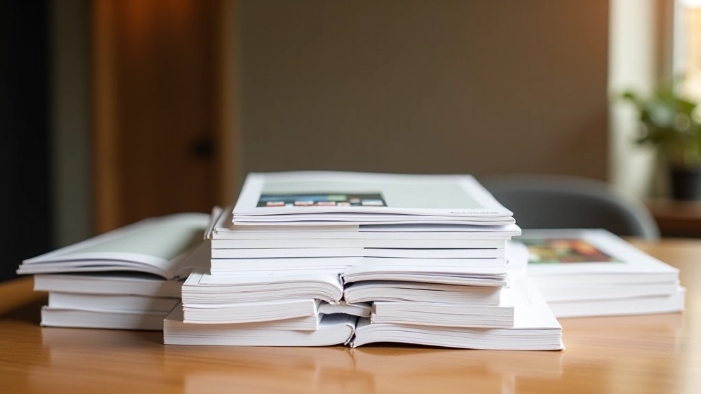 Gedrukte case study voorbeelden en merkrichtlijnen boekjes gestapeld op bureau