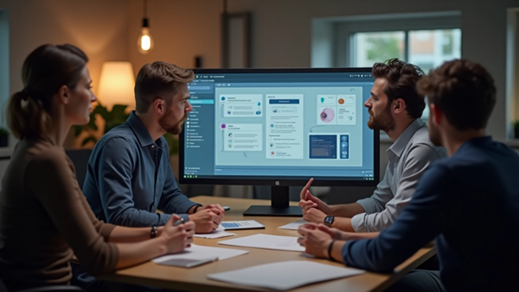 Team aan het samenwerken in Figma met shared design components op grote monitor