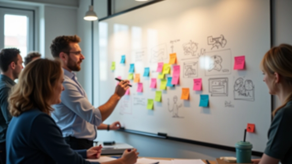 Team aan het brainstormen over een pitch deck op whiteboard met kleurrijke post-its