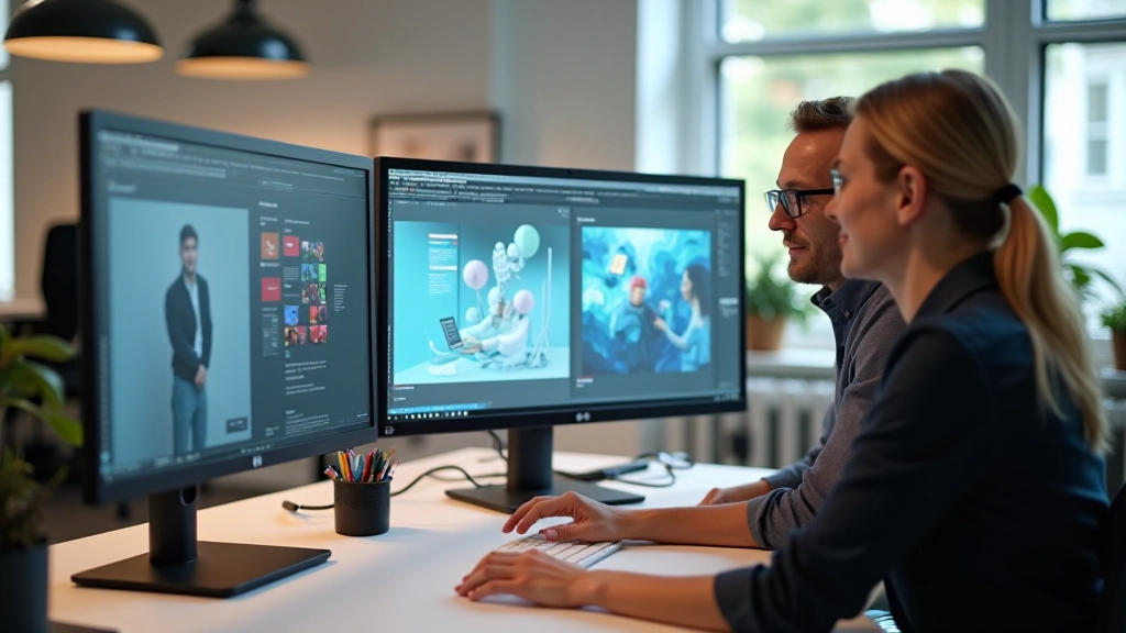 Twee designers in brainstorm sessie, werkend aan prototype en wireframes op grote desktop monitor